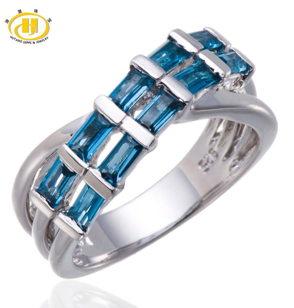 Hutang Real London Blue Topaz Gemstone Solid Sterling Silver 925 Crosss Ring Eternity Style Fine Stone Jewelry For Women's Gift