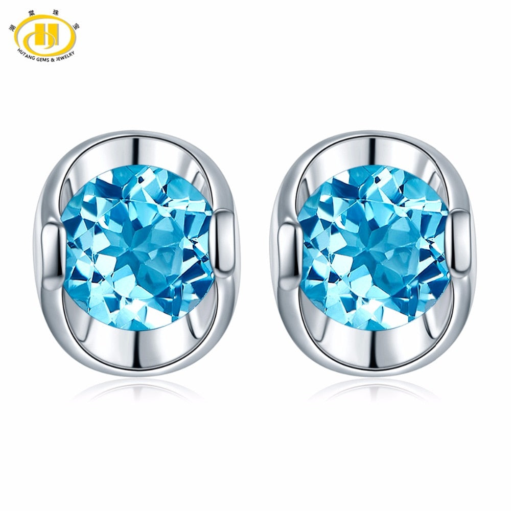 Hutang Solid 925 Sterling Silver 0.61ct Natural Gemstone Swiss Blue Topaz Stud Earrings Fine Stone Jewelry For Women's Gift NEW