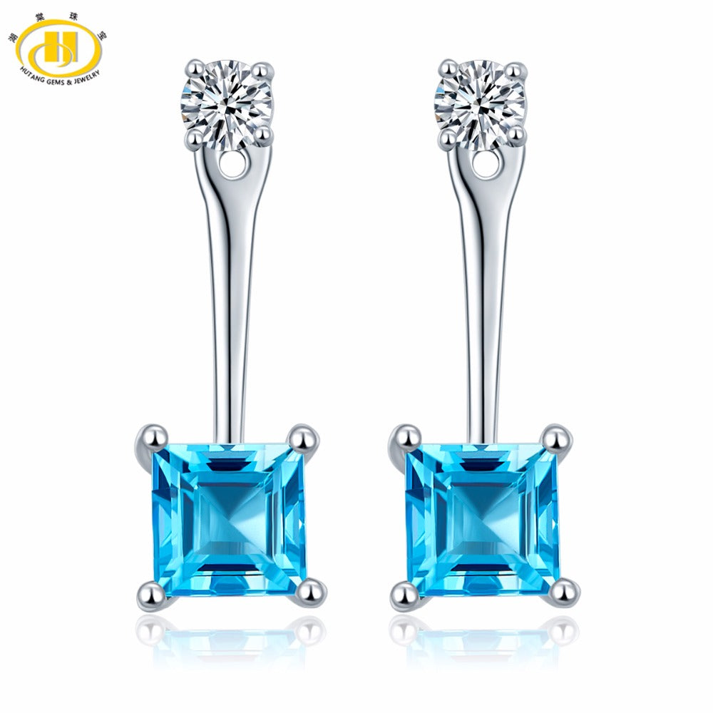 Hutang Stone Jewelry 1.67ct Natural Gemstone Blue Topaz Stud Earrings Solid 925 Sterling Silver Fine Jewelry For Women Gift New