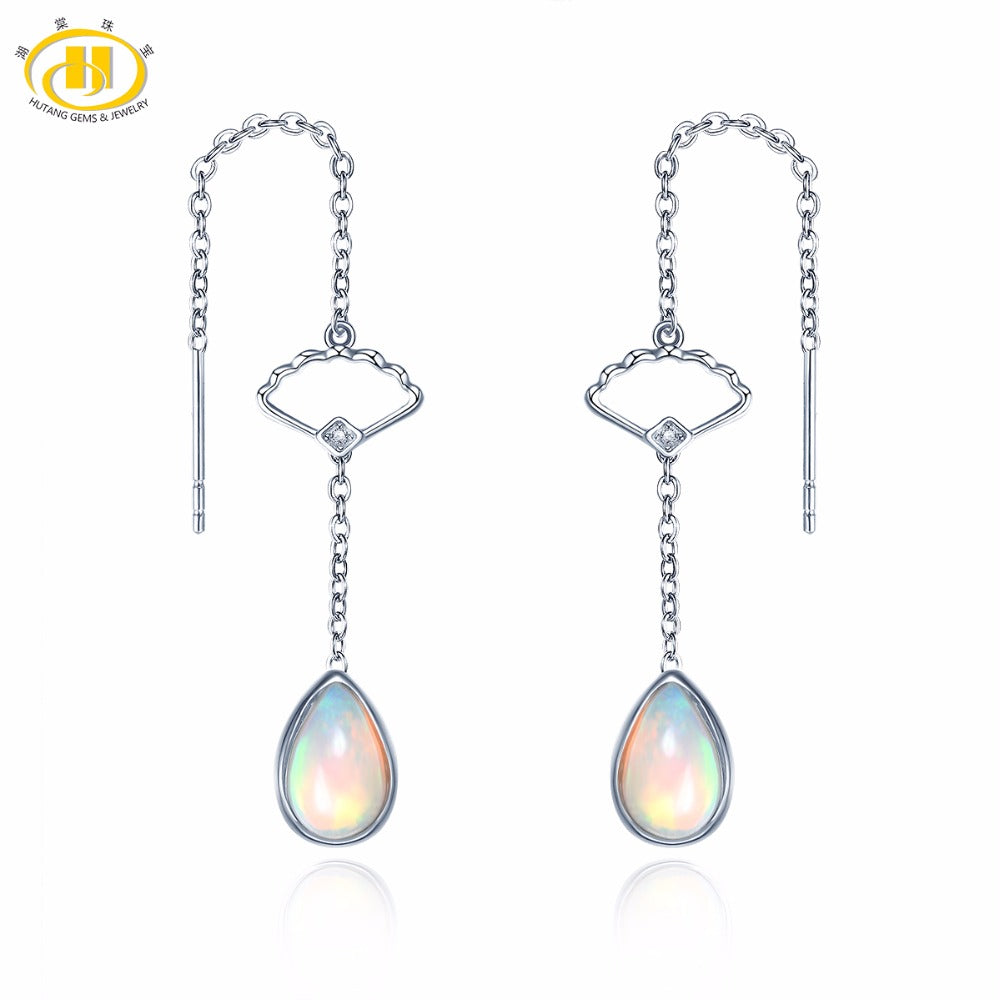 Hutang Stone Jewelry Natural Gemstone Opal China Element Line Fan Earring Solid 925 Sterling Silver Fine Fashion Jewelry Gift