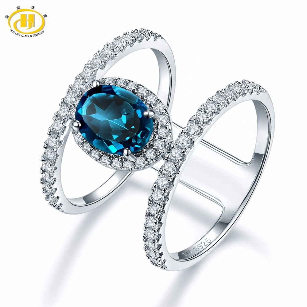 Hutang Stone Jewelry Solid 925 Sterling Silver 1.42 ct Natural Gemstone London Blue Topaz Wedding Ring Fine Jewelry For Women