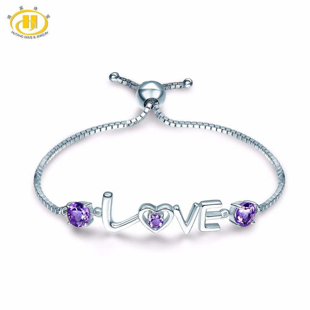 Hutang Valentine Gift Natural African Amethyst Solid 925 Sterling Silver LOVE Adjustable Bracelet Fine Fashion Jewelry Gift 8