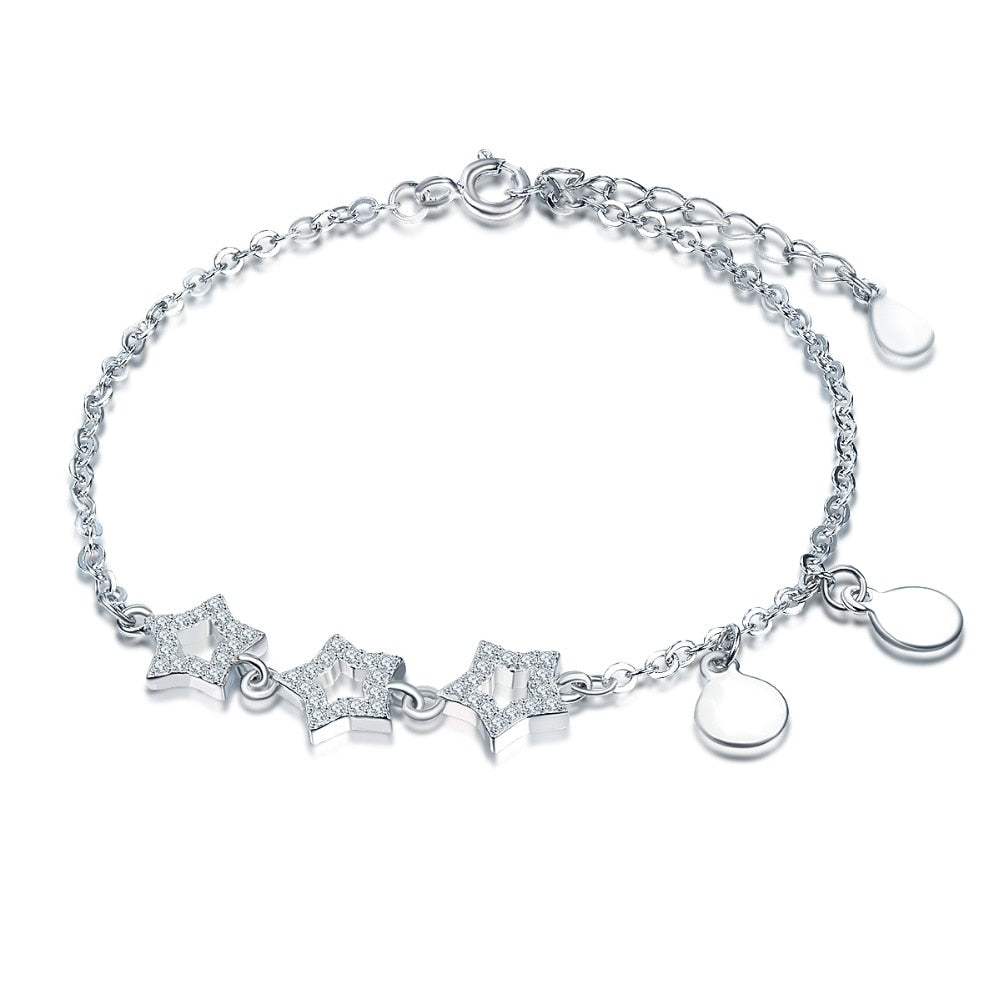 Hutang real 925 sterling silver star chain bracelet cubic zirconia crystal for women girl daily wedding jewelry new 2018