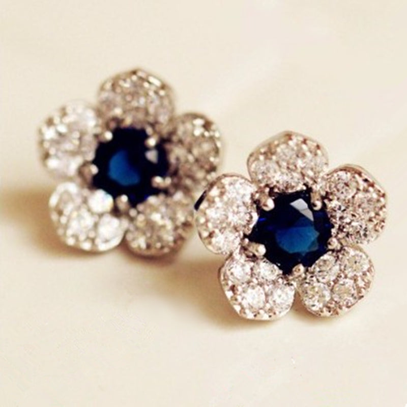 Hypoallergenic fashion silver Color earrings with blue flowers crystal earrings Exquisite full of Crystal earrings female