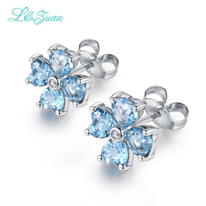 I&ZUAN 925 Sterling Silver Flower Stud Earring For Women Made With 4 Heart Shape Topaz Blue Stones Fine Jewelry Bijoux Brincos