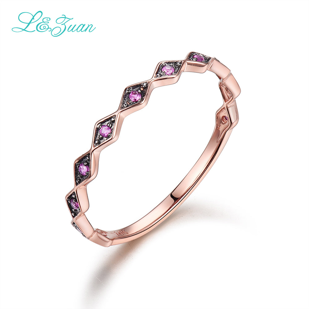 I&zuan 14K-Gold Ruby Womens Rings Trendy 0.063ct Natural Red Gemstones Prong Setting Wave Rose Gold Wedding Fine Jewelry