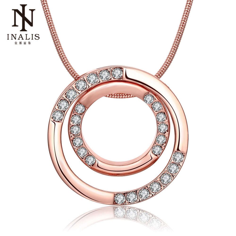 Gold Color Double Circle Zircon Necklace Wholesale Chain for Women Girl Jewelry