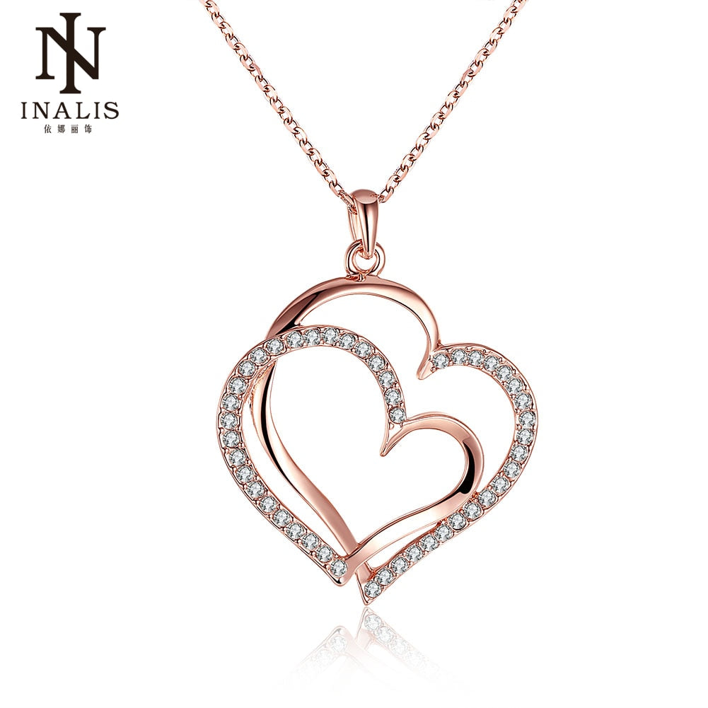 Jewelry Genuine Rose Gold Color Double Heart Pendant Necklace with Crystal Necklaces Chain
