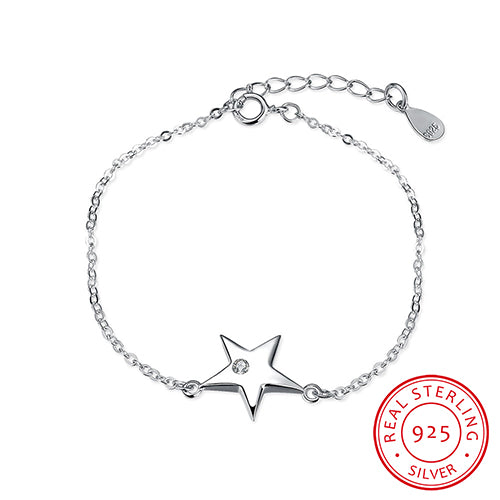 Simple Design 925 Sterling Silver Link Chain Bracelet&Bangle Star with Single CZ Stone Pendant for Women Party Jewelry