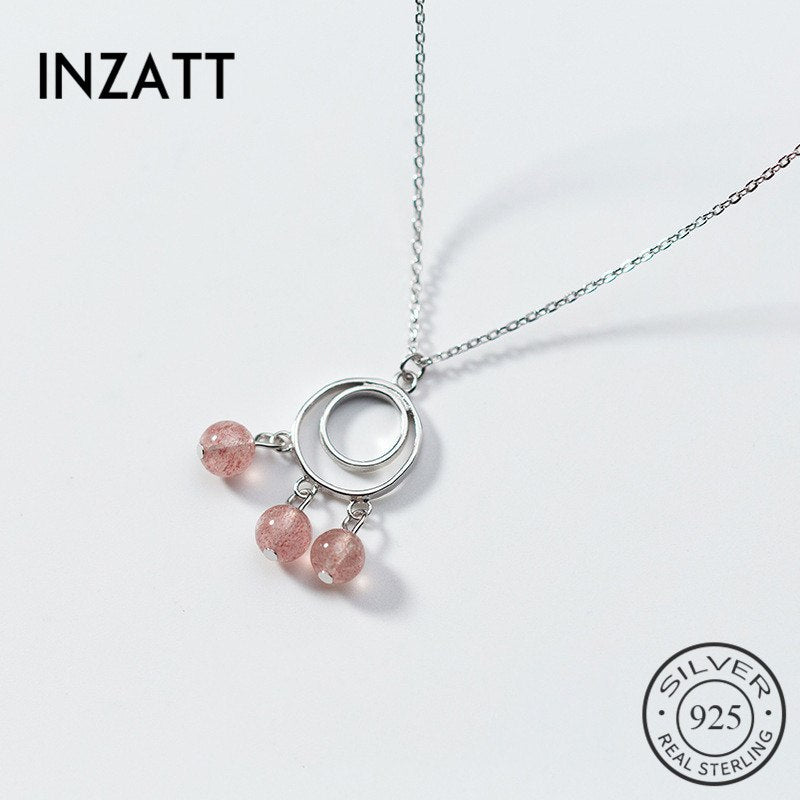 Gioielli in argento sterling 925 Girocolli con ciondolo rotondo doppio Collane Simpatica perla di quarzo fragola per gioielleria raffinata da donna 