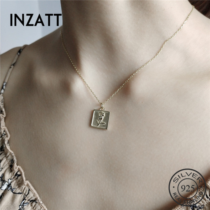 Authentic 925 Sterling Silver Square Rose Flower Pendant Necklace 2018 Cute Fine Jewelry For Women Romantic Party Bijoux
