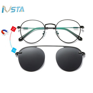 IVSTA Clip On Glasses Men Clip On Sunglasses Women Magnetic Sunglasses Myopia Round Metal Optical Glasses Frame Prescription