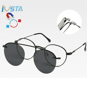 IVSTA Clip On Glasses Men Clip On Sunglasses Women Magnetic Sunglasses Myopia Round Metal Optical Glasses Frame Prescription