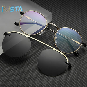 IVSTA Clip On Glasses Men Clip On Sunglasses Women Magnetic Sunglasses Myopia Round Metal Optical Glasses Frame Prescription