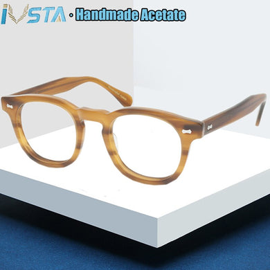 IVSTA Handmade Acetate Glasses Frame Men Round Myopia Eyeglasses Demi Spectacle Johnny Depp Glasses  Brand Designer Retro