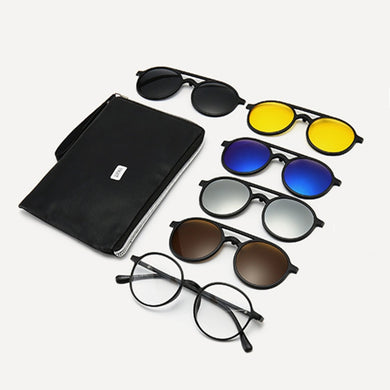Imixlot 6 In 1 Retro Round Polarized Optical Frame Magnetic Clip on Sunglasses Unisex Ultra-Light Night Vision Glasses