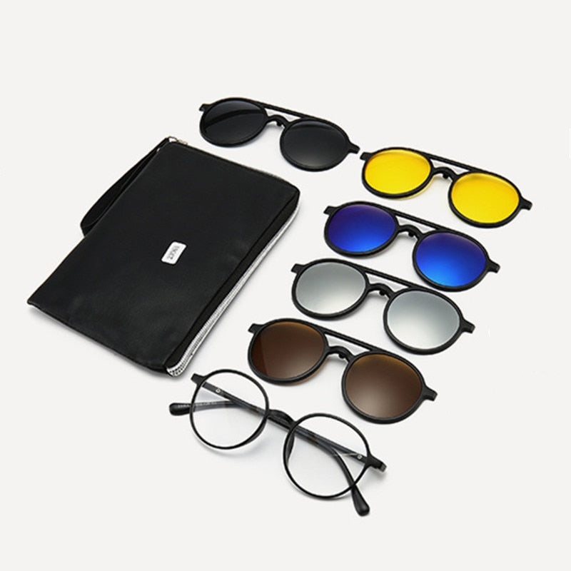 Imixlot 6 In 1 Retro Round Polarized Optical Frame Magnetic Clip on Sunglasses Unisex Ultra-Light Night Vision Glasses