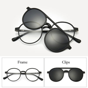 Imixlot 6 In 1 Retro Round Polarized Optical Frame Magnetic Clip on Sunglasses Unisex Ultra-Light Night Vision Glasses