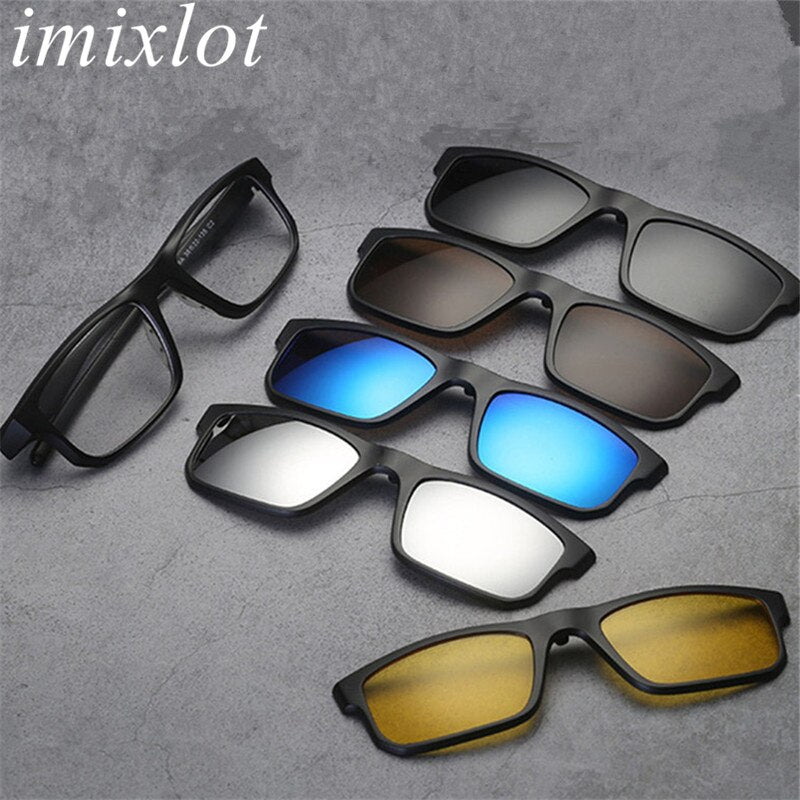 Imixlot 5pcs Polarized Magnetic Clip On Sunglasses with Spectacle Frame Women Male Driving Myopia Optical Glasses