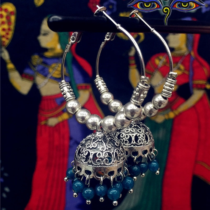 India Antique Silver Circle Exaggeration Big Earrings Middle East Women's Bead Birdcage Earrings Yoga In India Belly Dance