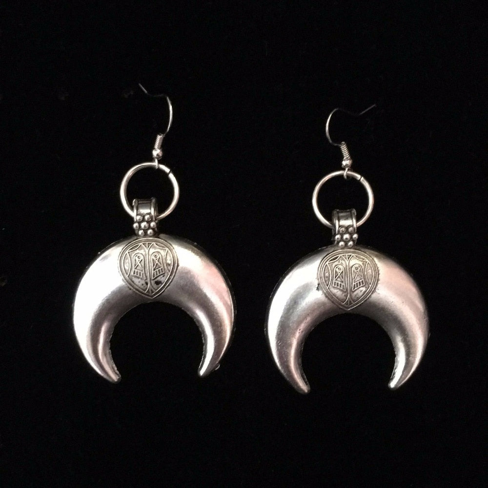India Jaipur Gypsy Tribe Long Ear-hook Moon Flower Carved Silver Jewelry Women's jewellery in Jerusalem Mandala Boho Hippie