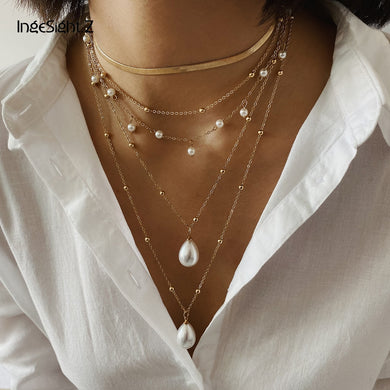Bohemian Multi Layer Imitation Pearl Tassel Choker Necklace Collar Statement Pendant Necklace for Women Jewelry