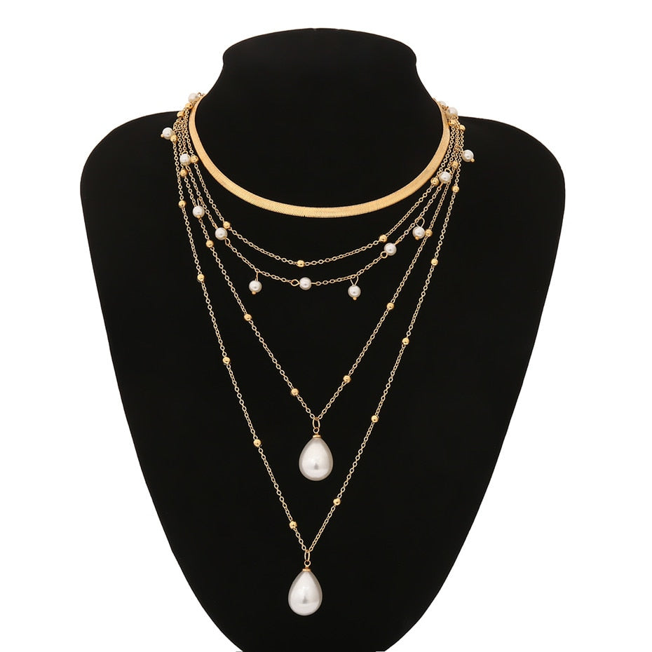 Bohemian Multi Layer Imitation Pearl Tassel Choker Necklace Collar Statement Pendant Necklace for Women Jewelry