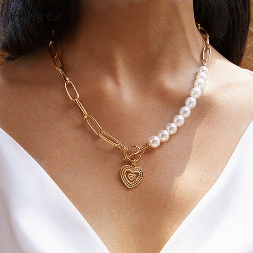 Punk Imitation Pearl Choker Necklace Collar Statement Gold Color Love Heart Lasso Pendant Necklace for Women Jewelry