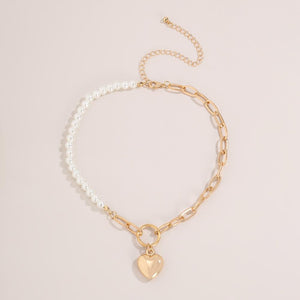 Punk Imitation Pearl Choker Necklace Collar Statement Gold Color Love Heart Lasso Pendant Necklace for Women Jewelry