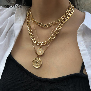 Punk Multi Layer Curb Cuban Chunky Thick Portrait Choker Necklace Women Vintage Carved Coin Pendant Necklace Jewelry