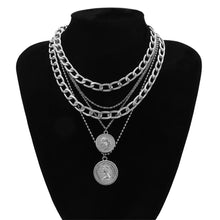 Carica l'immagine nel visualizzatore di Gallery, Punk Multi Layer Curb Cuban Chunky Thick Portrait Choker Necklace Women Vintage Carved Coin Pendant Necklace Jewelry