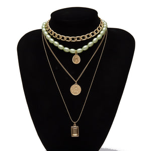 Punk Multi Layered Pearl Choker Necklace Collar Statement Virgin Mary Coin Crystal Pendant Necklace Women Jewelry
