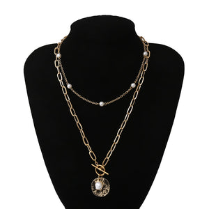 Punk Multi Layered Pearl Choker Necklace Collar Statement Virgin Mary Coin Crystal Pendant Necklace Women Jewelry