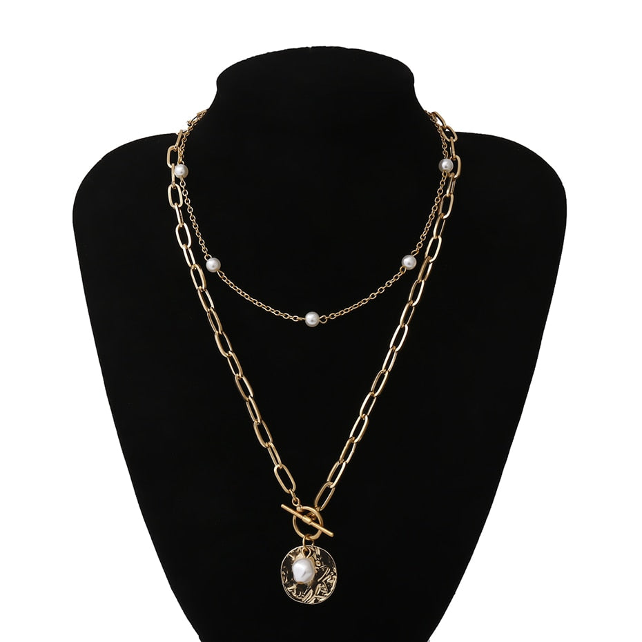 Punk Multi Layered Pearl Choker Necklace Collar Statement Virgin Mary Coin Crystal Pendant Necklace Women Jewelry