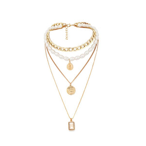 Punk Multi Layered Pearl Choker Necklace Collar Statement Virgin Mary Coin Crystal Pendant Necklace Women Jewelry