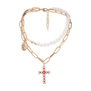 Punk Multi Layered Pearl Choker Necklace Collar Statement Virgin Mary Coin Crystal Pendant Necklace Women Jewelry