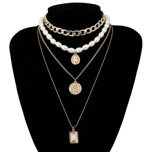 Punk Multi Layered Pearl Choker Necklace Collar Statement Virgin Mary Coin Crystal Pendant Necklace Women Jewelry