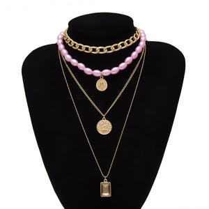 Punk Multi Layered Pearl Choker Necklace Collar Statement Virgin Mary Coin Crystal Pendant Necklace Women Jewelry