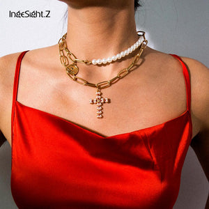 Punk Multi Layered Pearl Choker Necklace Collar Statement Virgin Mary Coin Crystal Pendant Necklace Women Jewelry