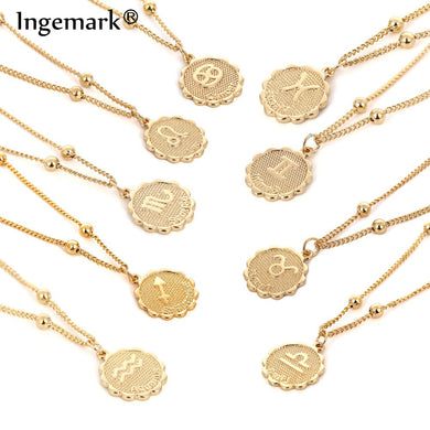 Constellation Carve Coin Pendant Necklace Simple Copper Leo Beads Clavicle Chain Necklace Sexy Couple Jewelry