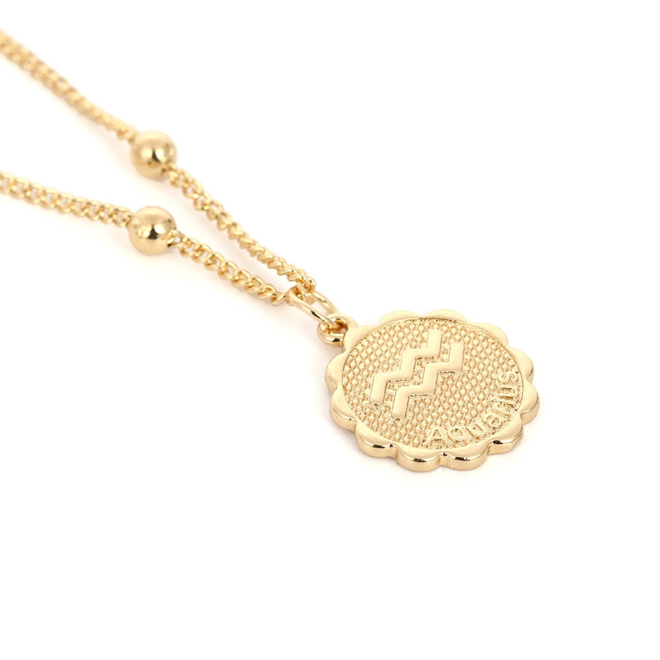 Constellation Carve Coin Pendant Necklace Simple Copper Leo Beads Clavicle Chain Necklace Sexy Couple Jewelry
