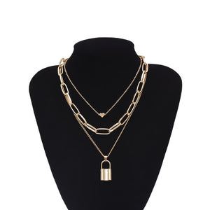 Multi Layer Lover Lock Pendant Choker Necklace Steampunk Padlock Heart Chain Necklace Collier Best Couple Jewelry Gift