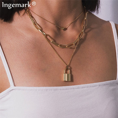 Multi Layer Lover Lock Pendant Choker Necklace Steampunk Padlock Heart Chain Necklace Collier Best Couple Jewelry Gift