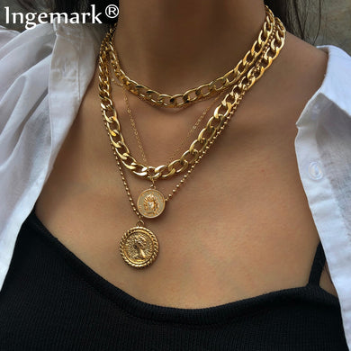Punk Miami Cuban Choker Necklace Colar Hip Hop Big Thick Chunky Chain Fashion Queen Coin Pendant Necklace Women Jewelry