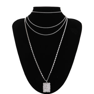 Statement Multilayer Square Pendants Rose Pattern Circle Choker Necklace Clavicle Chain Fashion Jewelry for Women