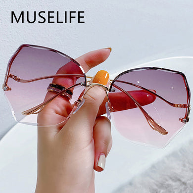 Irregular Round Sunglasses Women Brand Designer Gradient Sun Glasses Female Rimless Metal Curved Temples Oculos De Sol