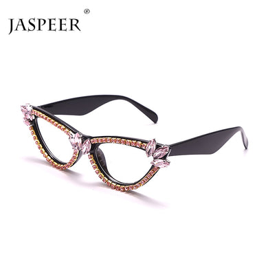 JASPEER Diamond Cat Eye Glasses Frames Women 2023 Trendy Rhinestone Handmade Eyeglasses Ladies Vintage Handmade Eyewear