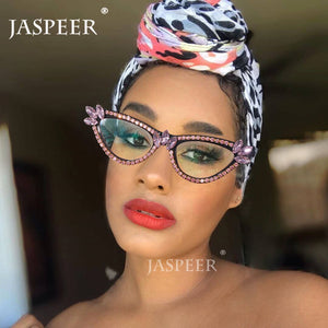 JASPEER Diamond Cat Eye Glasses Frames Women 2023 Trendy Rhinestone Handmade Eyeglasses Ladies Vintage Handmade Eyewear
