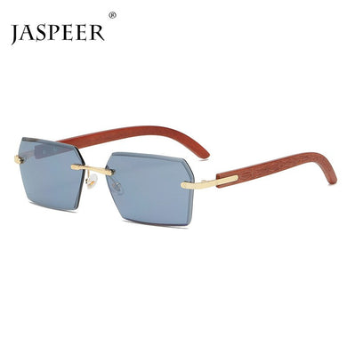 JASPEER Stylish Rectangle Sunglasses Women  Brand Designer Rimless Sun Glasses Men UV400 Small Square Wood Printing Frames