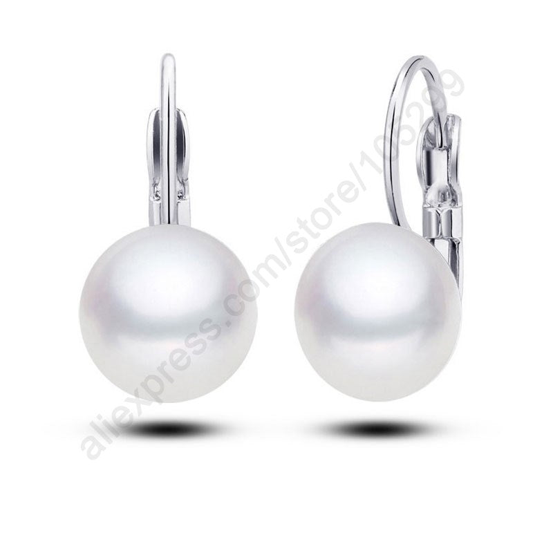 Stock New Fine Geniune 925 Sterling Silver Jewelry 12MM Natural Pearl Hoop Ear Lever Earrings Gift
